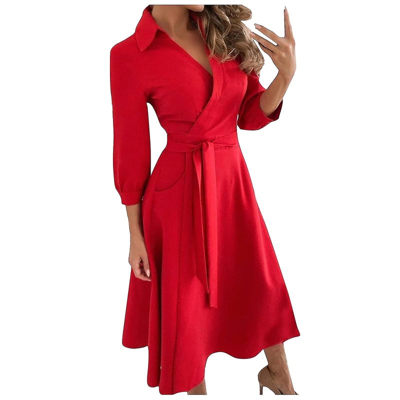 Women V Neck Lapel Dress Seven Part Sleeve Belt Dress Spring Elegant Casual Work Wear | Fruugo SG