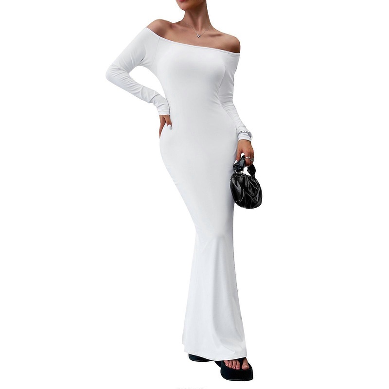 Womens Long Sleeve Skinny Plain Maxi Dresses Casual Long Dresses Elegant Off Shoulder Cocktail Party Dress  White M | Fruugo SG