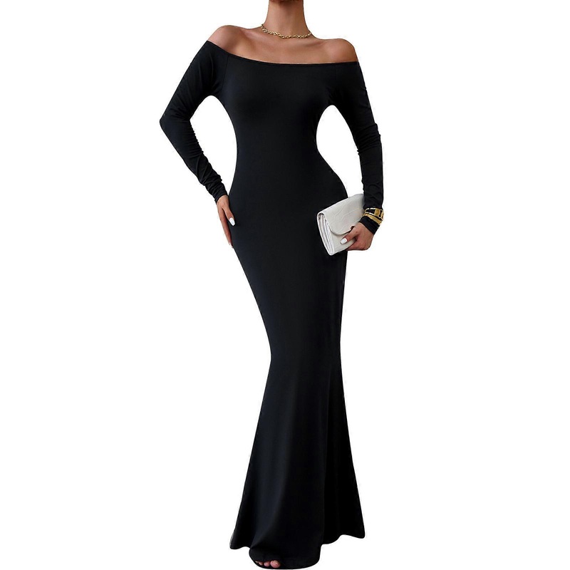 Womens Summer Casual Slip Long Dresses Sexy Long Sleeve Off Shoulder Bodycon Party Maxi Dress Vestidos  Black L | Fruugo SG