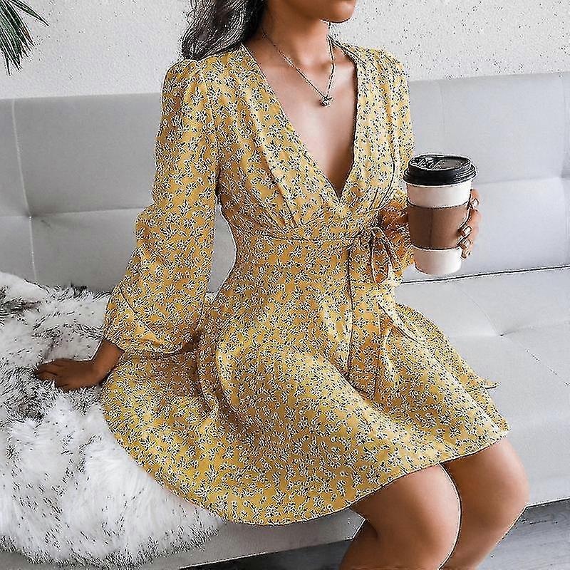 Womens   Summer Deep V Neck Ruffle Long Sleeve Floral Print Mini Dress | Fruugo SG