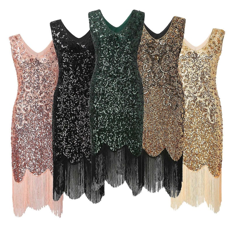 1920s Vintage Great Gatsby Party Dress Women Sexy V-Neck Sleeveless Beaded Sequin Tassel Dress Tango Dance Flapper Midi Dress | Fruugo SG