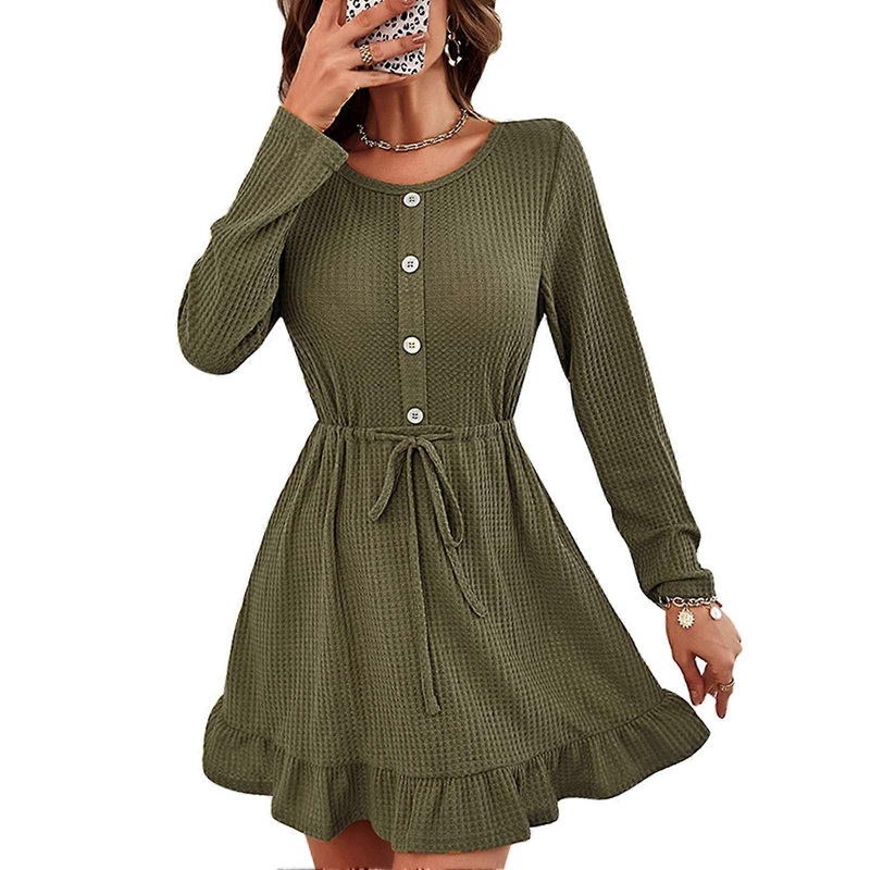 A Line Knit Dress Long Sleeve Round Neck Button Drawstring Elastic Waist Dress for Women Army Green MNEW10 | Fruugo SG