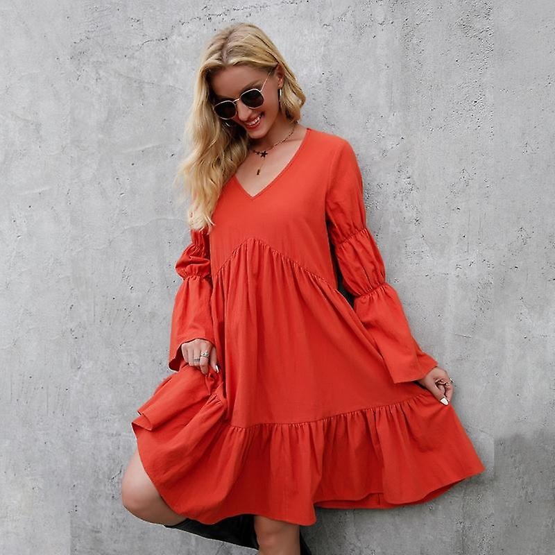 Above Knee Women Spring Summer Bohemian Holiday Dress Straight V-neck High Loose Waist Full Sleeve Big Swing Ruffle Solid Color M-3xl | Fruugo SG