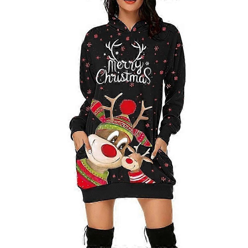 Christmas Womens Cute Elk Deer Printed Hoodies Dress Hooded Sweatshirt Xmas Party Mini Dresses | Fruugo SG