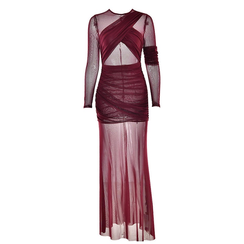 Elegant Mesh Patchworks Long Sleeve Bodycon Party Club Evening Dress Double Layer Perspective Vestido Autum Clothing  Burgundy S | Fruugo SG