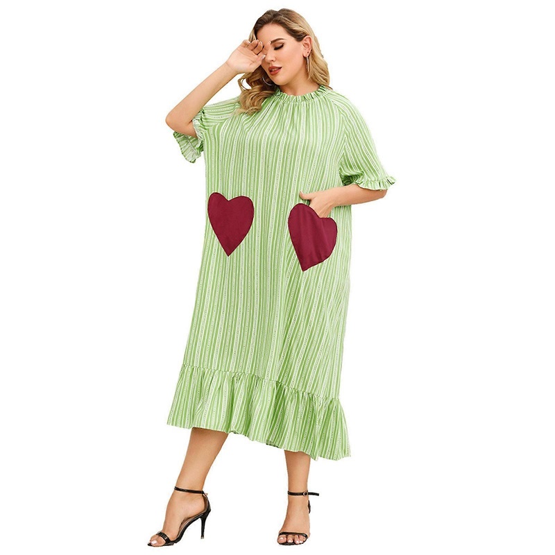 Fashion Women Loose Casual Midi Dress Striped Print Beach Dress Ruffle Sleeve Hem Boho Plus Size Dress for Daily Summer  Green XXXXL | Fruugo SG