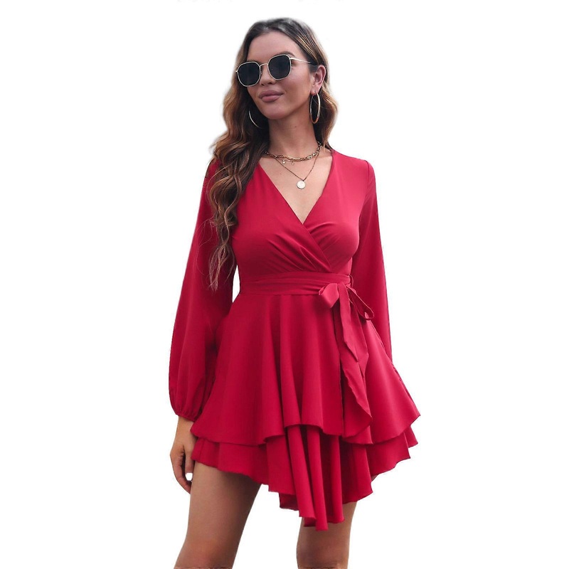 Flowy Tie Waist Ruffle Dress for Women Summer Dress Elegant Long Sleeves Party Dress Deep V-neck Dress Mini Swing Dress  Burgundy XL | Fruugo SG