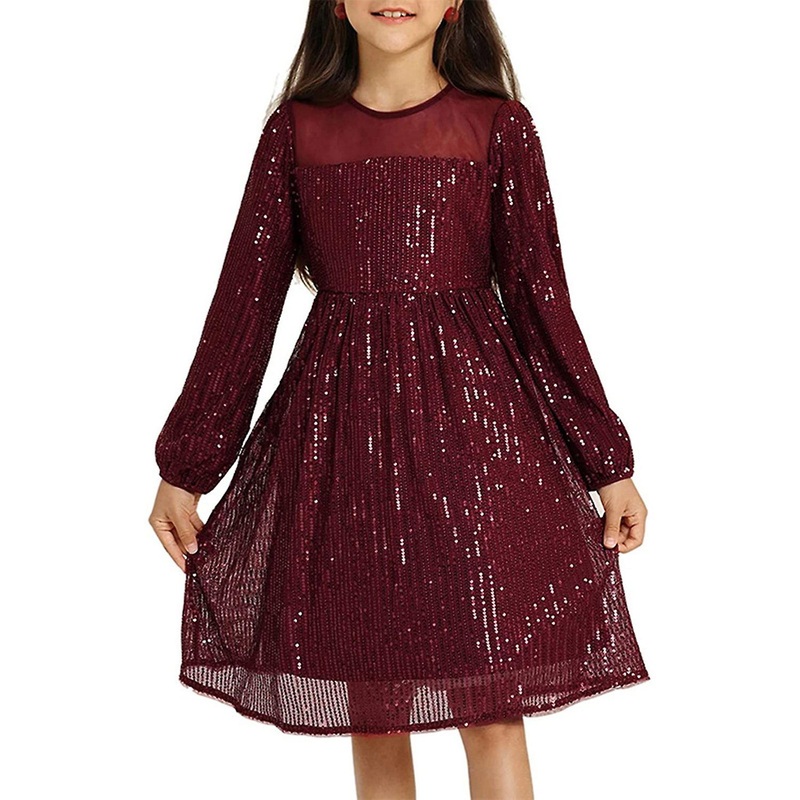Girls Sequins Dress Spring Fall Long Sleeves Ruffle Hem Round Neck Elegant A Line Swing Toddlers Par | Fruugo SG