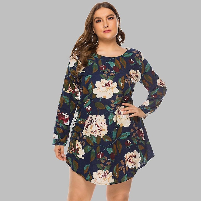Plus Size Women’s Spring Autumn O Neck Printed Loose Long Sleeve Shirt Dress L-5xl | Fruugo SG