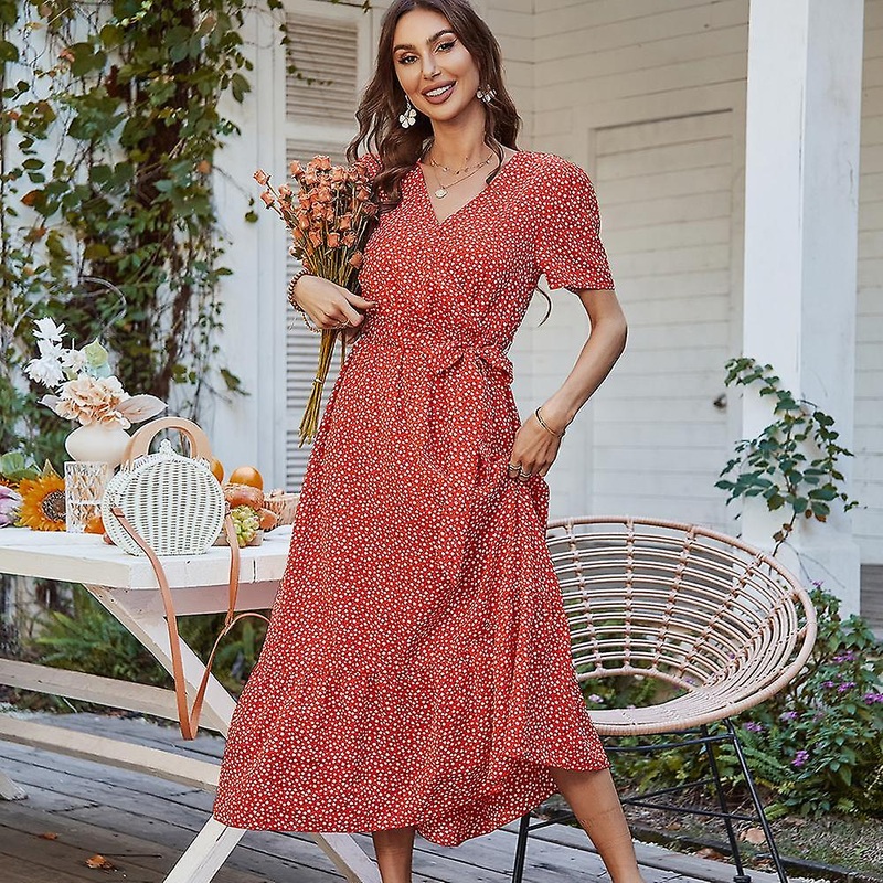 Spring Summer Temperament Commuter Wrap Breast Bohemian Lace Up Print A Line Causal Long Dress S-xl | Fruugo SG