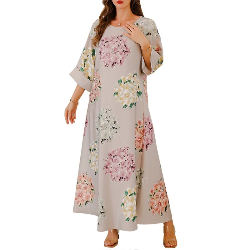 Stylish Beaded Kaftan Robe for Women Long Sleeve Loose Fit Floral Print Muslims Long Dress Turkish Abaya Evening Gown  gray brown XXL | Fruugo SG