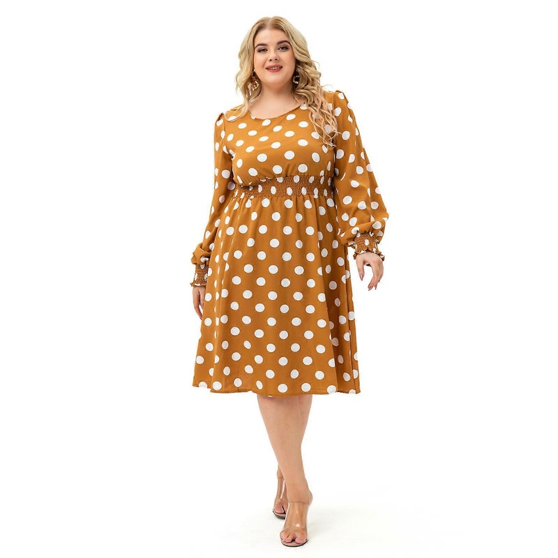 Stylish Polka Dots Dress for Women Plus Size Summer Dress Elegant Long Sleeves Party Dress Chic Round Neck Beach Dress  Yellow XL | Fruugo SG