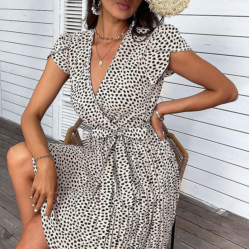 Summer V Neck Short Sleeve Leopard High Waist Beach Printed Long Dress Khaki S-xxl | Fruugo SG
