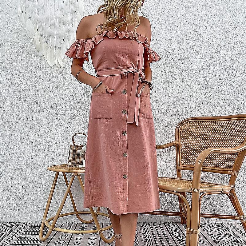 Summer Women’s Off Shoulder Solid Color Lace Up Pleated Long Pocket Loose Dress | Fruugo SG