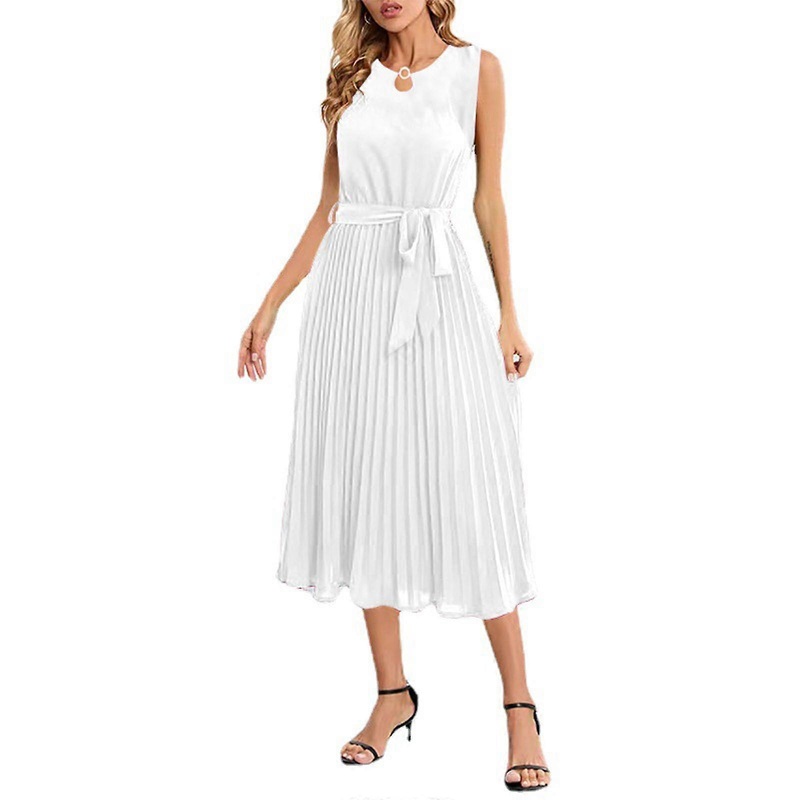 Women 2023 Summer Crew Neck A Line Dresses Casual Sleeveless Maxi Dress Sundress with Belted Flowy Pleated Long Dress  White M | Fruugo SG