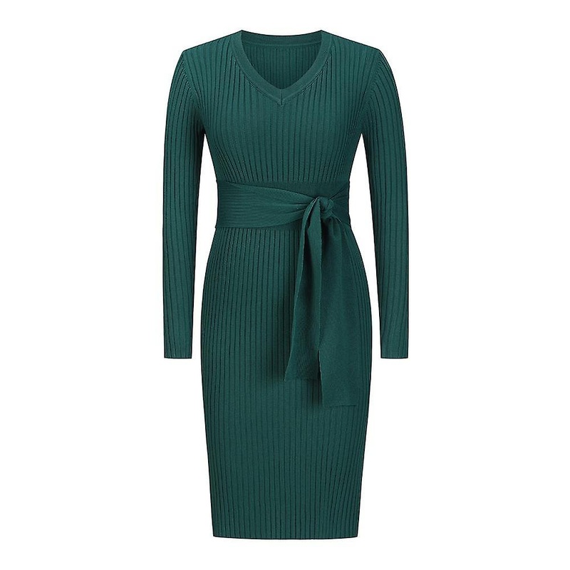Women Autumn Winter Elegant Long Sleeve V Neck Slim Fit Tie Up Knitted  Dresses | Fruugo SG