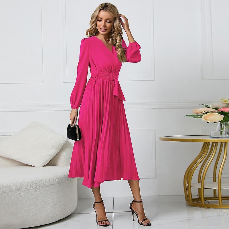 Women Autumn Winter V Neck Long Sleeve Belt Solid Color Pleated High Waist Dress | Fruugo SG