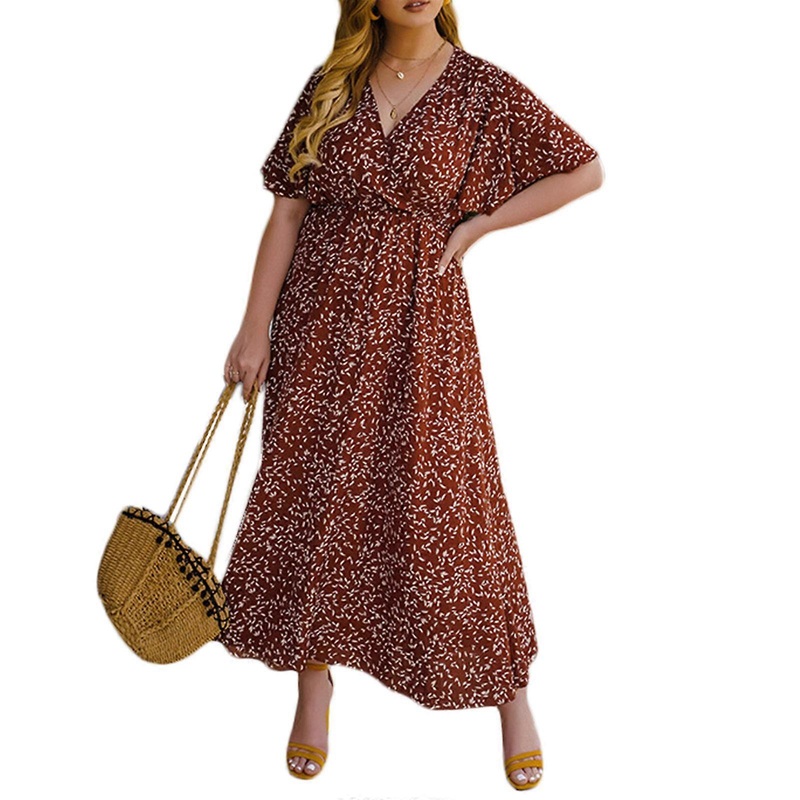 Women Floral Print Dress Short Sleeves Dress Plus Size Chiffon Dress Ruffle Trim Holiday Dress V Neck Dress for Summer  Orange 4XL | Fruugo SG