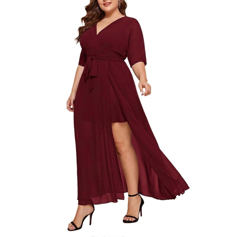 Women Half Sleeve Sexy Wrap V-Neck Chiffon Tie Waist Split Maxi Long Flowy Dress  Burgundy XL | Fruugo SG
