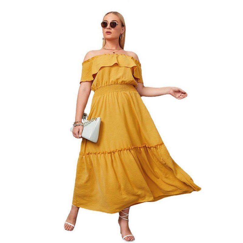 Women Plus Size Ruffles Short Sleeve Off Shoulder Long Swing Dress Solid Color Shirred Elastic Waist Pleated Sundress  Yellow XL | Fruugo SG