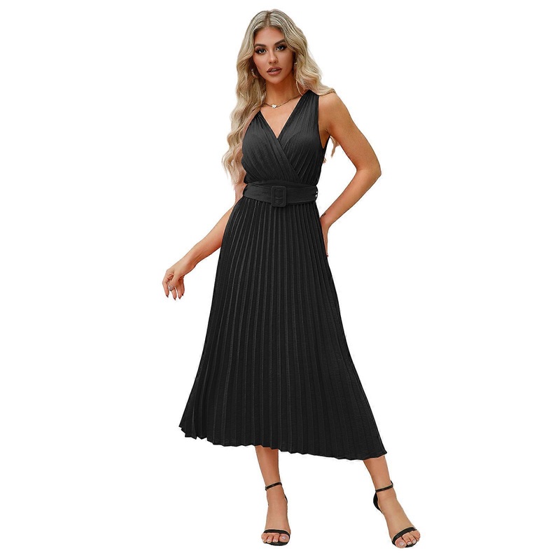 Women’s Summer Casual Wrap V Neck A-Line Dress Sleeveless Belted Swing Pleated Cocktail Party Beach Maxi Dresses  Black M | Fruugo SG
