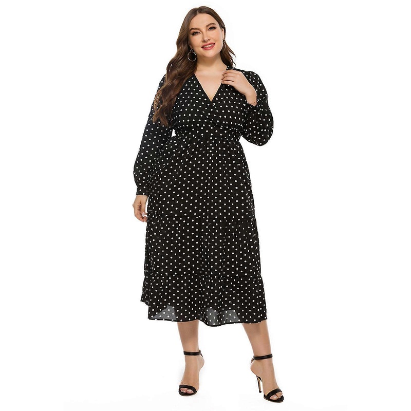 Women Spring Plus Size Long Sleeve Sexy Wrap V-Neck Midi Swing Dress Vintage Polka Dot Printed High Waist Pleated Ruffle Flare Hem A-Line Sundress  | Fruugo SG