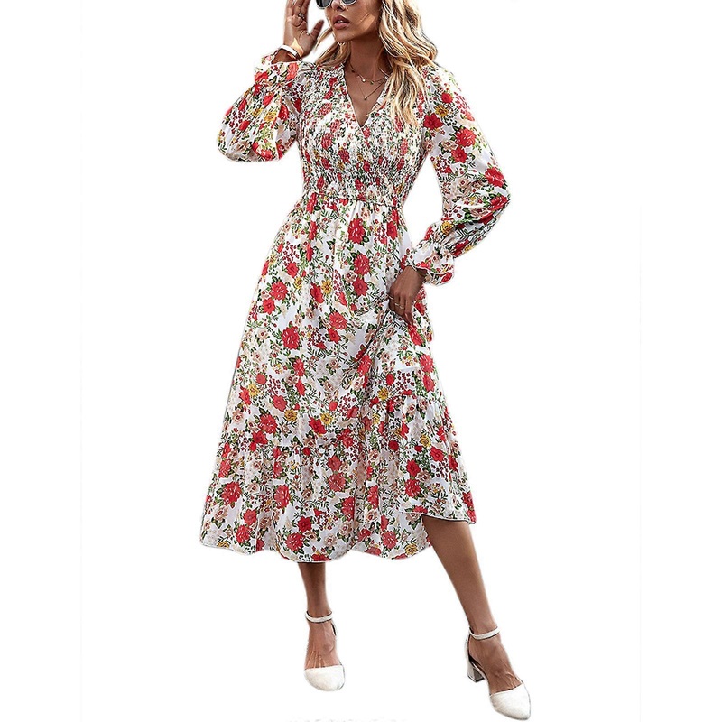 Women Summer Casual Midi Dress Puff Long Sleeve V Neck A Line Dress Bohemian Floral Print Flowy Swing Smocked Dresses  White M | Fruugo SG