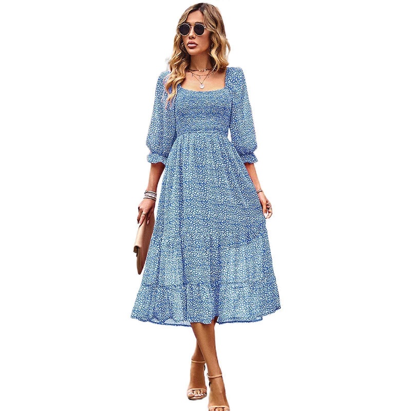 Women Summer Dress Square Neck Lantern Sleeve Dresses High Waist Casual Loose Floral Print Dress for Daily Office  Blue L | Fruugo SG