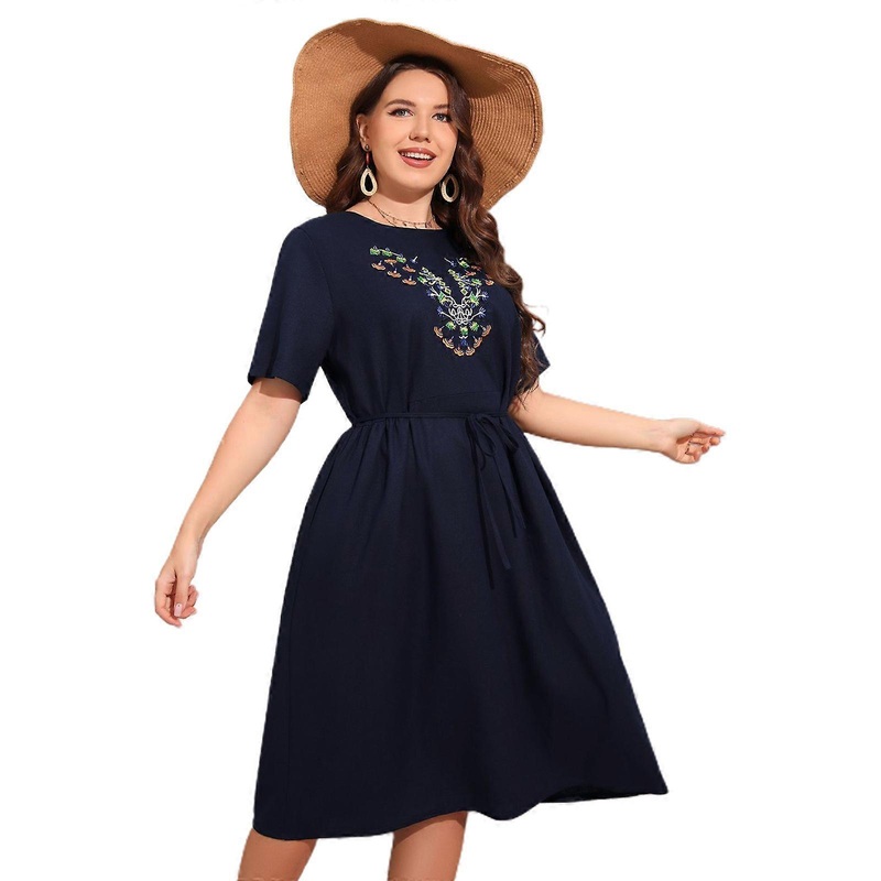 Women Summer Midi Dress Plus Size Belted Short Sleeve O Neck Beach Dress Comfy for Vacation Party Dating Travel Daily  Blue 5XL | Fruugo SG