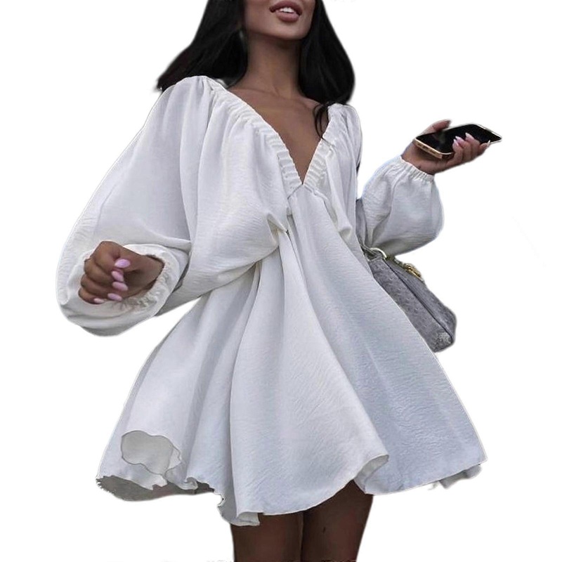Womens Solid Color Wrap Deep V-Neck Lantern Long Sleeve Dress Elegant Ruched Cocktail Party Mini Dresses  White XL | Fruugo SG