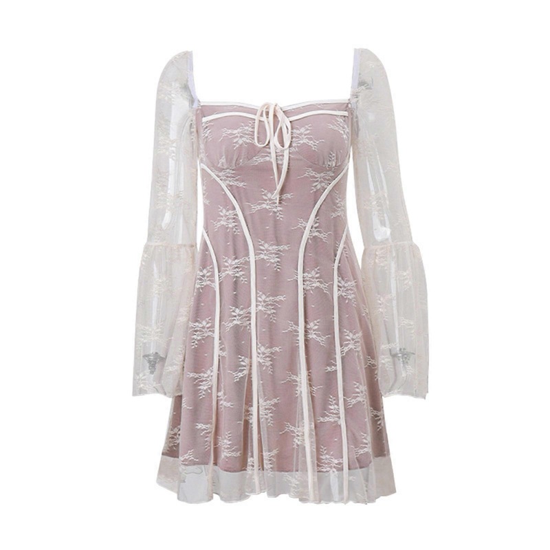 Womens Square Neck Tie Front Flared Long Sleeve Bodycon Mini Dress Vintage Floral Lace High Waist Ruffle A-Line Dresses  White XL | Fruugo SG