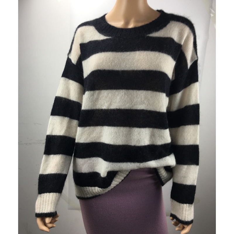 2018 Hotselling Ladies Round Neck Mohair Sweater Long Sleeve Loose Pullover Stripted Sweater for Woman – Mohair Sweater and Pullover for Woman price|S