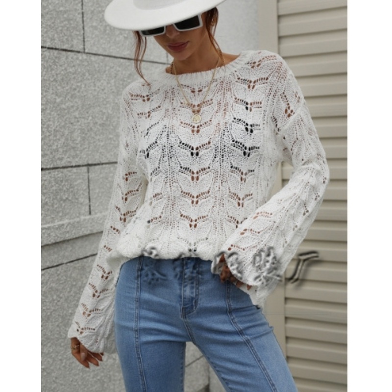 2024 Autumn and Winter New Knitting Europe and The United States Solid Color Hook Hollowed out Turtleneck Loose Sweater Womens Casual Blouse – Loose Sweater price|Free Size