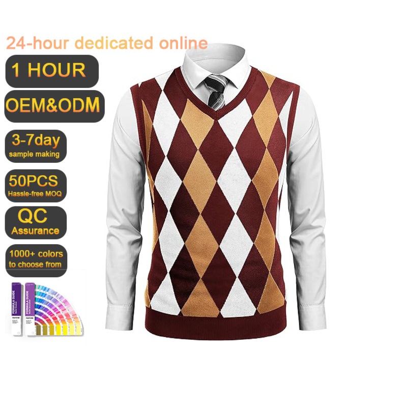 Customized Sweater Spring New Mens Wool Thread Vest Diamond Plaid Stitching Color V-Neck Mens Classic Business Vest – Diamond Check Jacquard Vest Sweater and Mens Trendy Vest Sweater price|S/M/L/XL