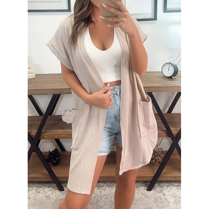 Dear-Lover Wholesale Hot Sale Summer Open Front Top Ribbed Pocketed Short Sleeve Sweater Cardigan Coat – Hort Sleeve Sweater Cardigan Coat and Top Ribbed Pocketed Short Sleeve Sweate price|Free Size