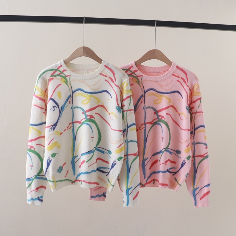 Luxury Cartoon Print Womens Sweater Pullovers White Wool Knit Tops Long Sleeve Jumper Jersey Korea Y2K Blouse Knitwear Winter – Women Sweater and Sweater Pullover price|Free Size