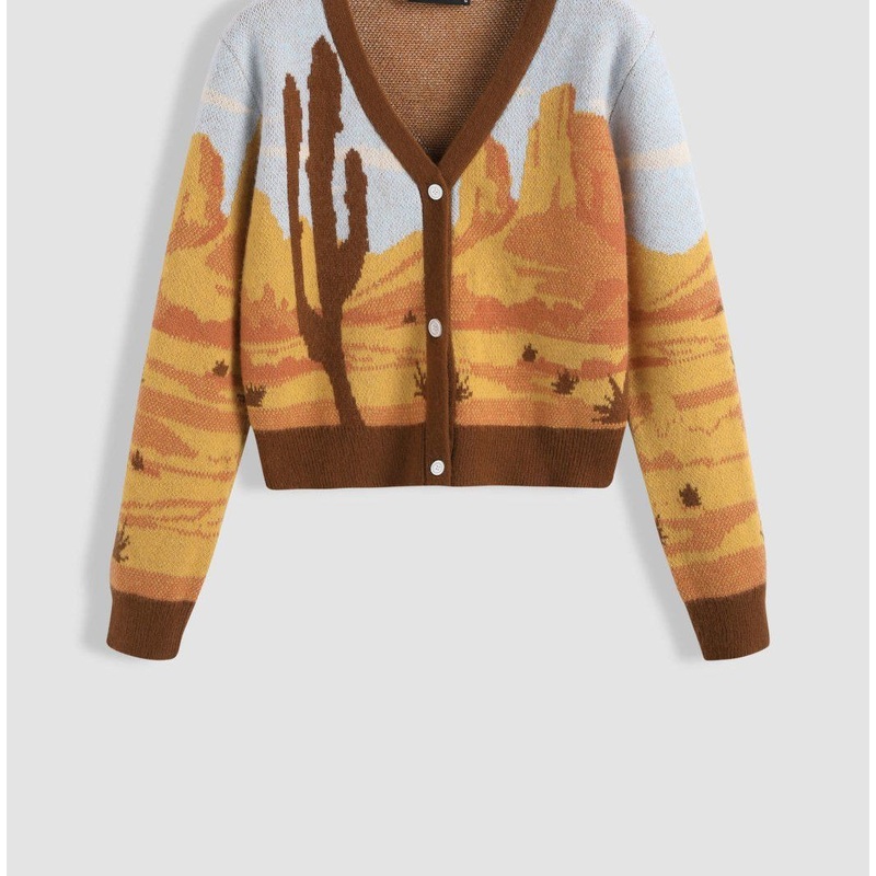 Southwest Dreamin Graphic Knit Cardigan V-Neck Desert Cactus Autumn Pattern Contrasting Graphic Cardigan Orange Button Sweater – Orange Button Sweater and Contrasting Graphic Cardigan price|Free Size