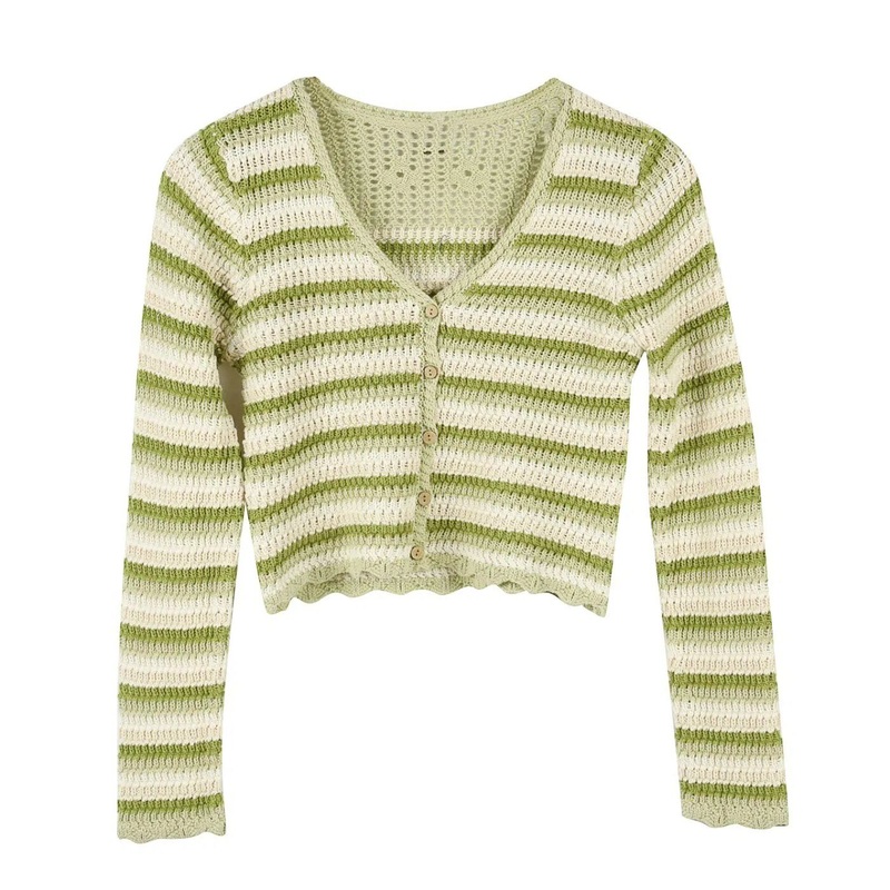 Wholesale Lucky Light Green Stripe Crochet Women Cardigan Sweater – Women Cardigan and Stripesweaters price|Free Size