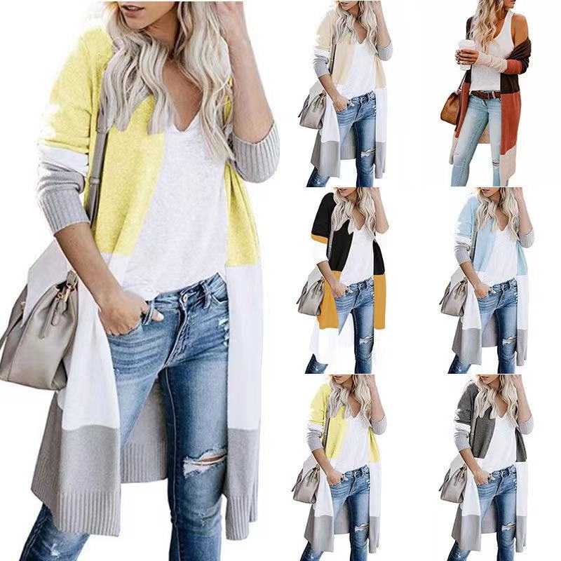 Women Color Matching Striped Cardigans Long Sleeve Loose Long Length Knittwear Casual Sweaters Cardigan Female Knitted Coat Cardigan Tops – Winter Sweater Cardigan price|S