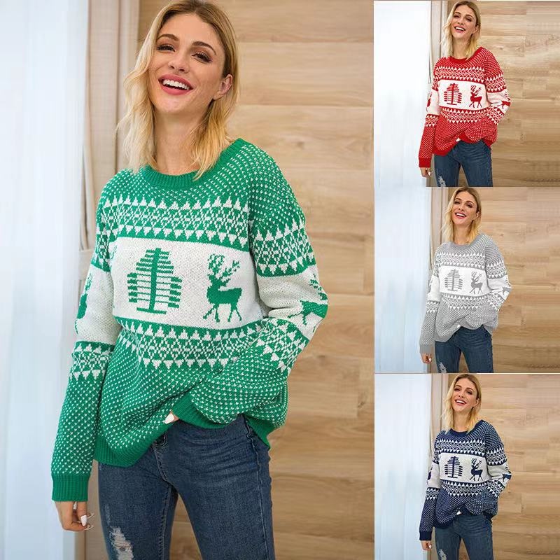 Autumn Winter Fashion Christmas Pattern Knitted Sweater Women 2021 New Casual O-Neck Full Sleeve Pullovers Casual Tops Oversize Pullovers – Winter Sweater price|S