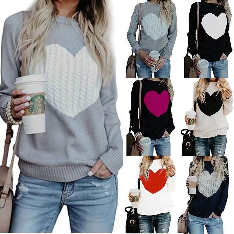 Autumn Winter Fashion Heart Design Knitted Sweater Women 2021 New Casual O-Neck Full Sleeve Pullovers Casual Tops Oversize Pullovers – Winter Sweater price|S