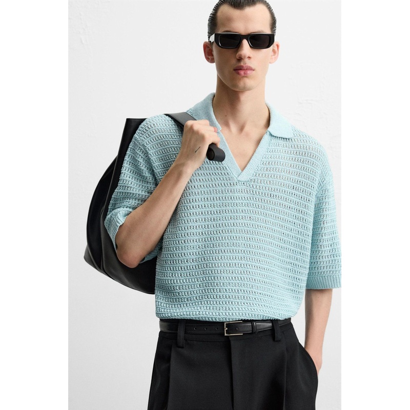 Custom Lapel Collar Ribbed Trim Oversize Crochet Knit Polo Shirt Sweater for Men – Crochet Knit Polo Shirt and Summer Knitwear for Man price|L