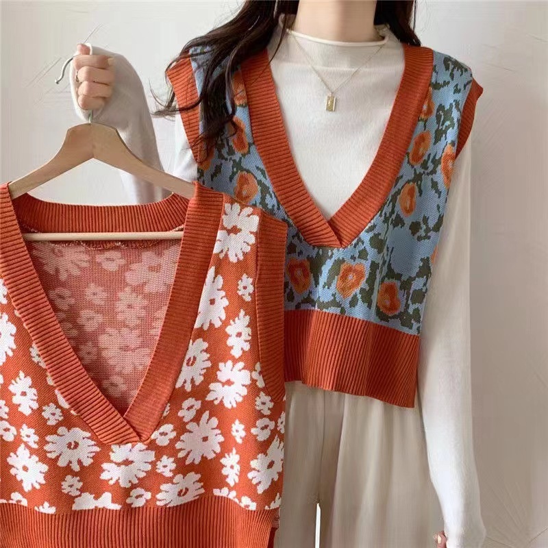 Customized Sweater 2024 Autumn New Little Daisy Jacquard Knitted Tank Top Collar Layered Sleeveless Loose Top Sweater Coat – Womens Sleeveless Knitted Vest Sweater and Cropped Belly-Baring Vest Sweater price|S/M/L/XL