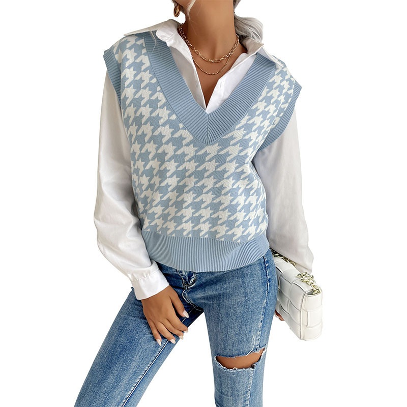 Customized Sweater 2024 Summer New Blue Bird Grid V-Neck Academy Sweater Tank Top Knitted Tank Top – Womens Sleeveless Knitted Vest Sweater and Cropped Belly-Baring Vest Sweater price|S/M/L/XL
