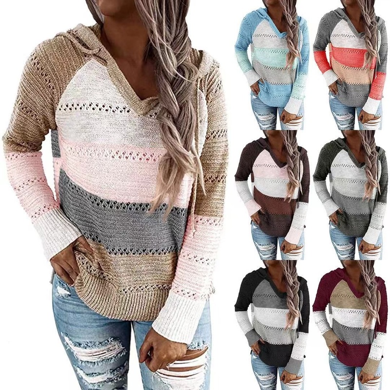 Knitted Hoodie Women S European and American Long Sleeve Loose Fashion Color Stripe Stitching Women S Drawstring Knitted Sweater – Winter Sweater price|S