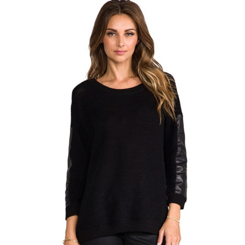 Women Long Sleeve Sweater Yarn & Leather Joint – Women Sweater and Long Sleeve price|S