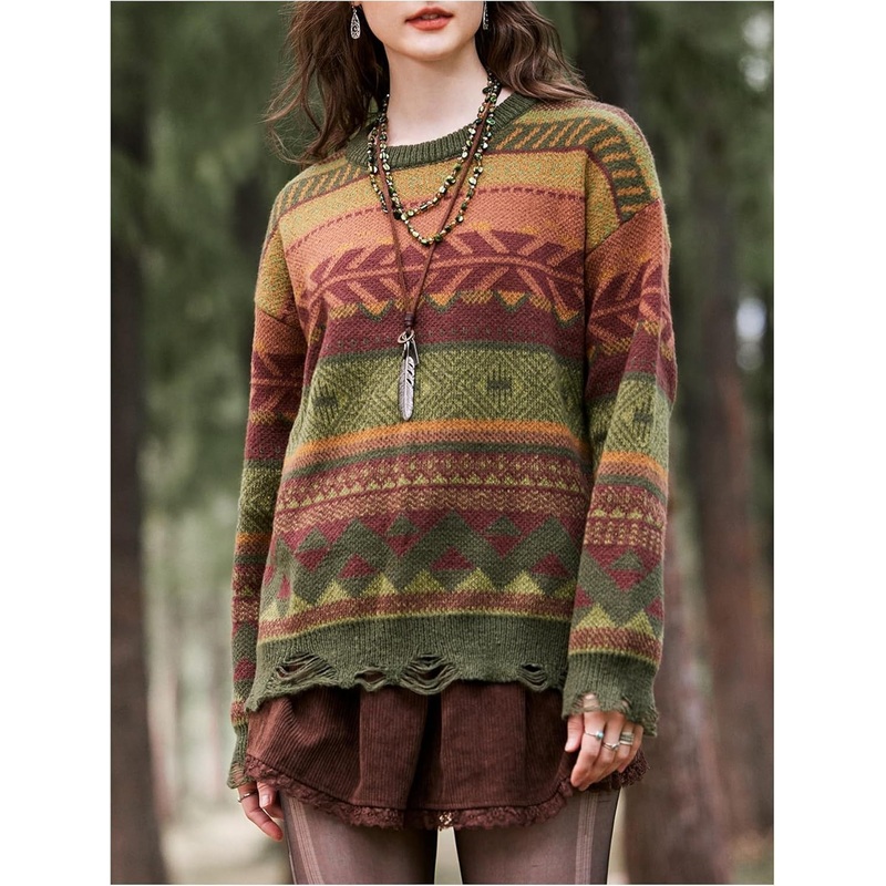 Womens Geo Pattern Crew Neck Drop Shoulder Pullovers Ripped Long Sleeve Sweater – Ugly Christmas Sweater and Womens Oversized Knit Sweaters price|S M L XL XXL Custom Accepted