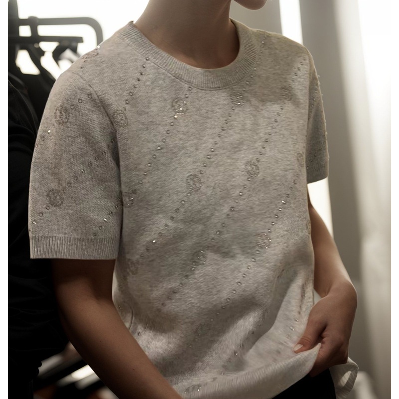 Womens Spring and Autumn Gray Hot Diamond Round Neck Short Sleeved Pullover – Womens and Spring/Summer price|Small, Medium, and Large Sizes