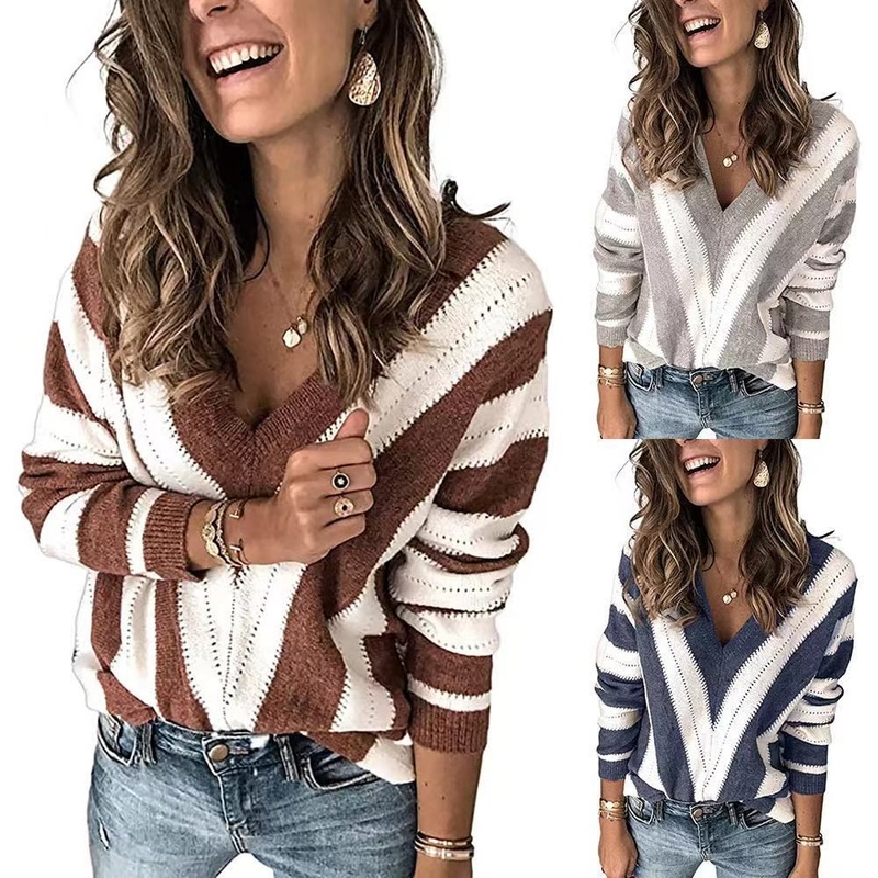 Autumn Winter Fashion Color Matching Striped Knitted Sweater Women 2021 New Casual V-Neck Full Sleeve Pullovers Casual Tops Oversize Pullovers – Winter Sweater price|S