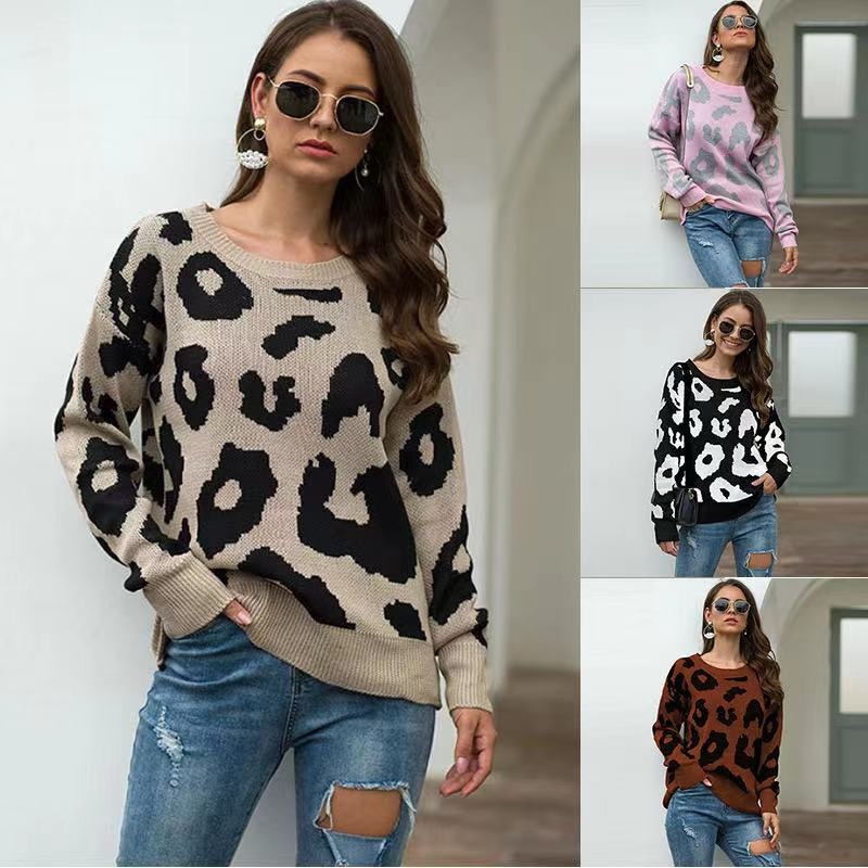 Autumn Winter Fashion Leopard Knitted Sweater Women 2021 New Casual O-Neck Full Sleeve Pullovers Casual Tops Oversize Pullovers – Winter Sweater price|S